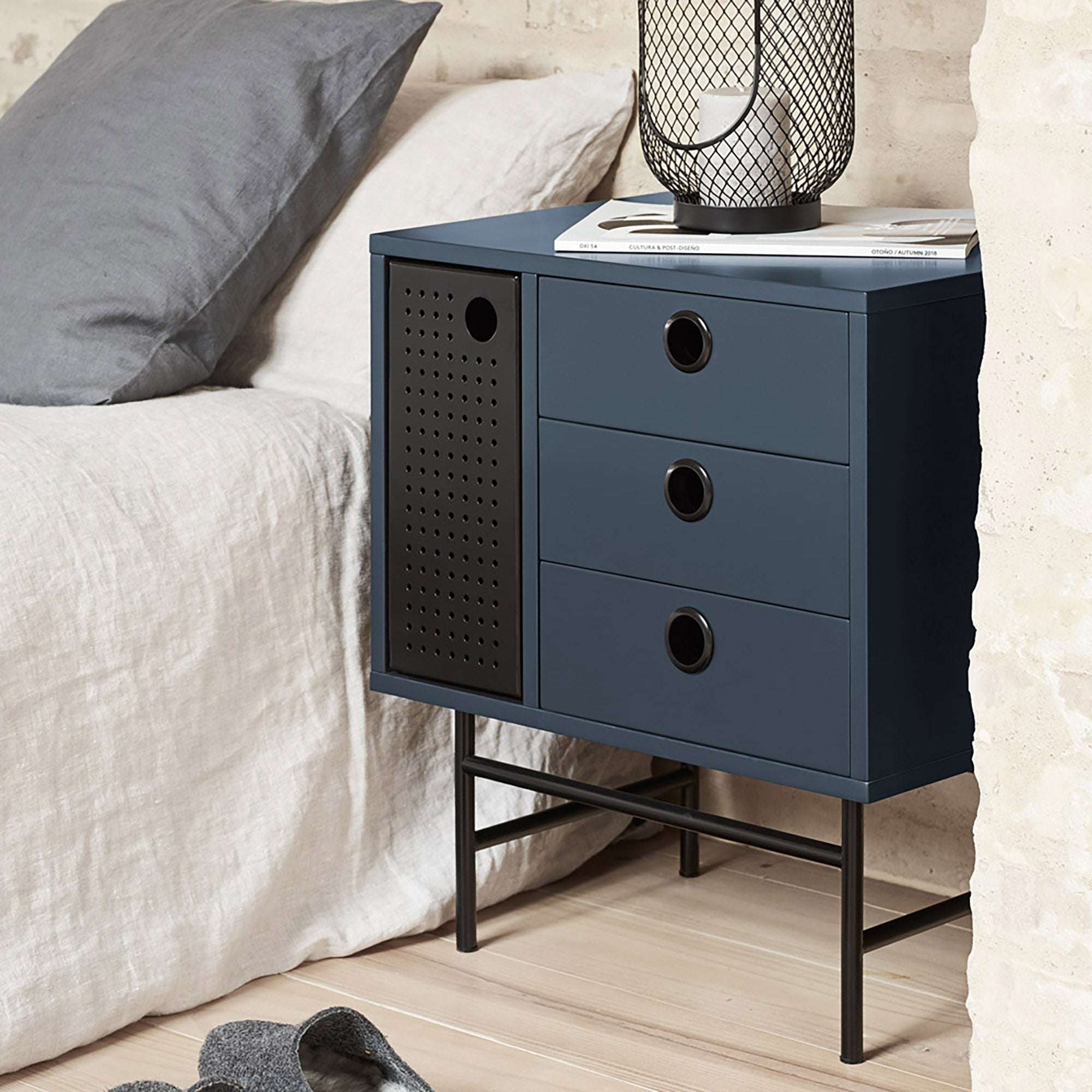 Bedside Table Punto 1D3Dr Black/Blue-Gr.Antr