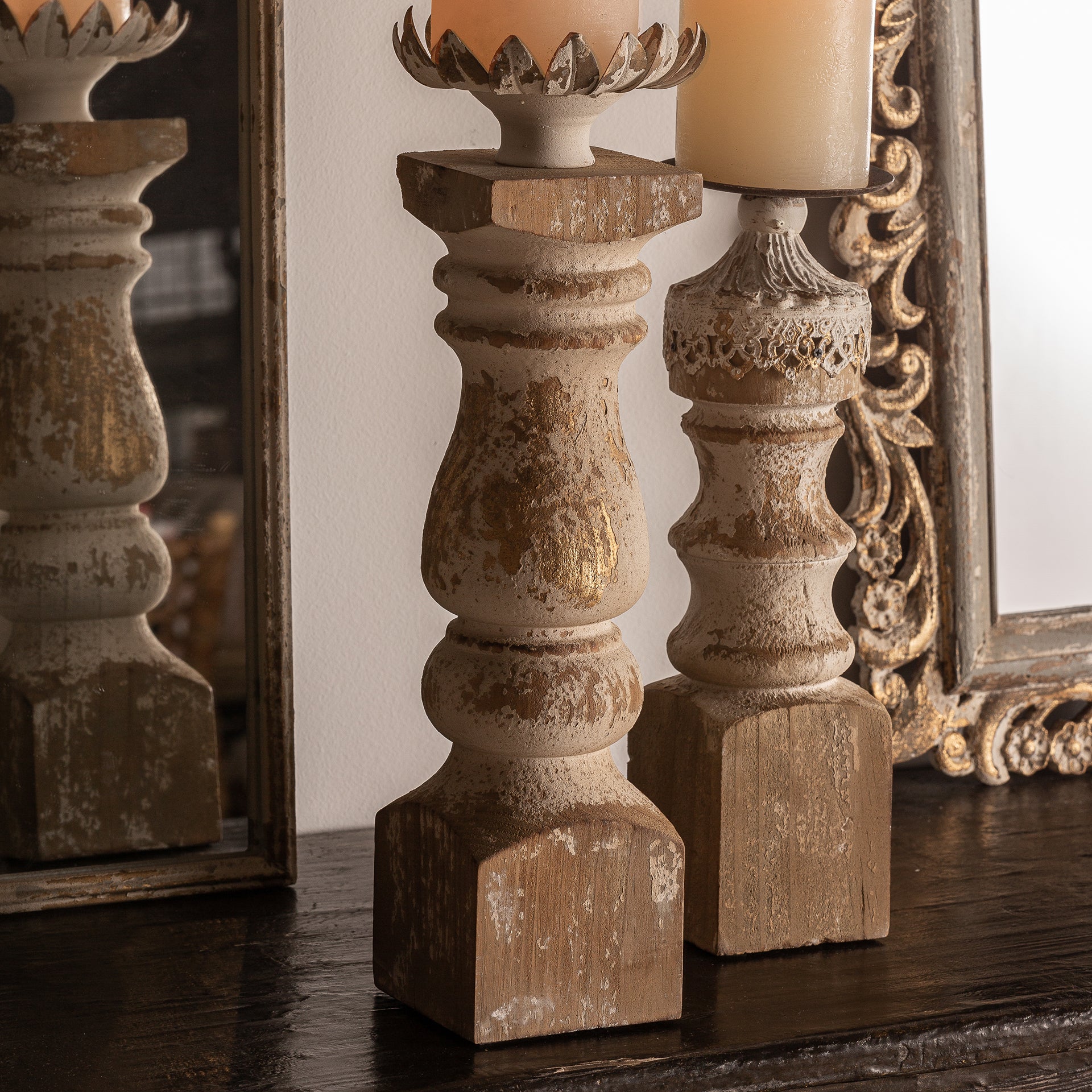 Colonial Candle Holder - Cream Iron with Firwood Accents