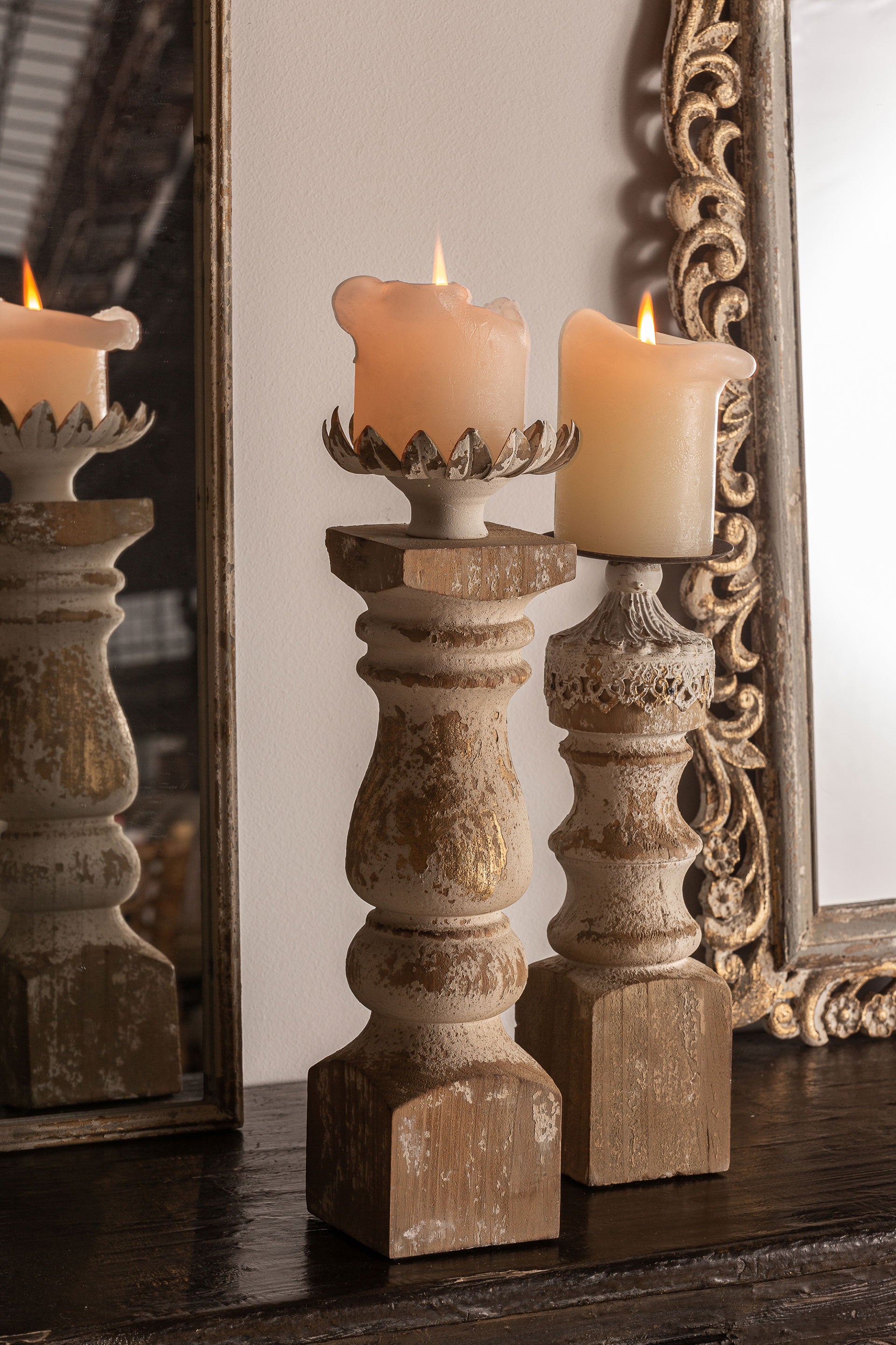 Colonial Candle Holder - Cream Iron with Firwood Accents