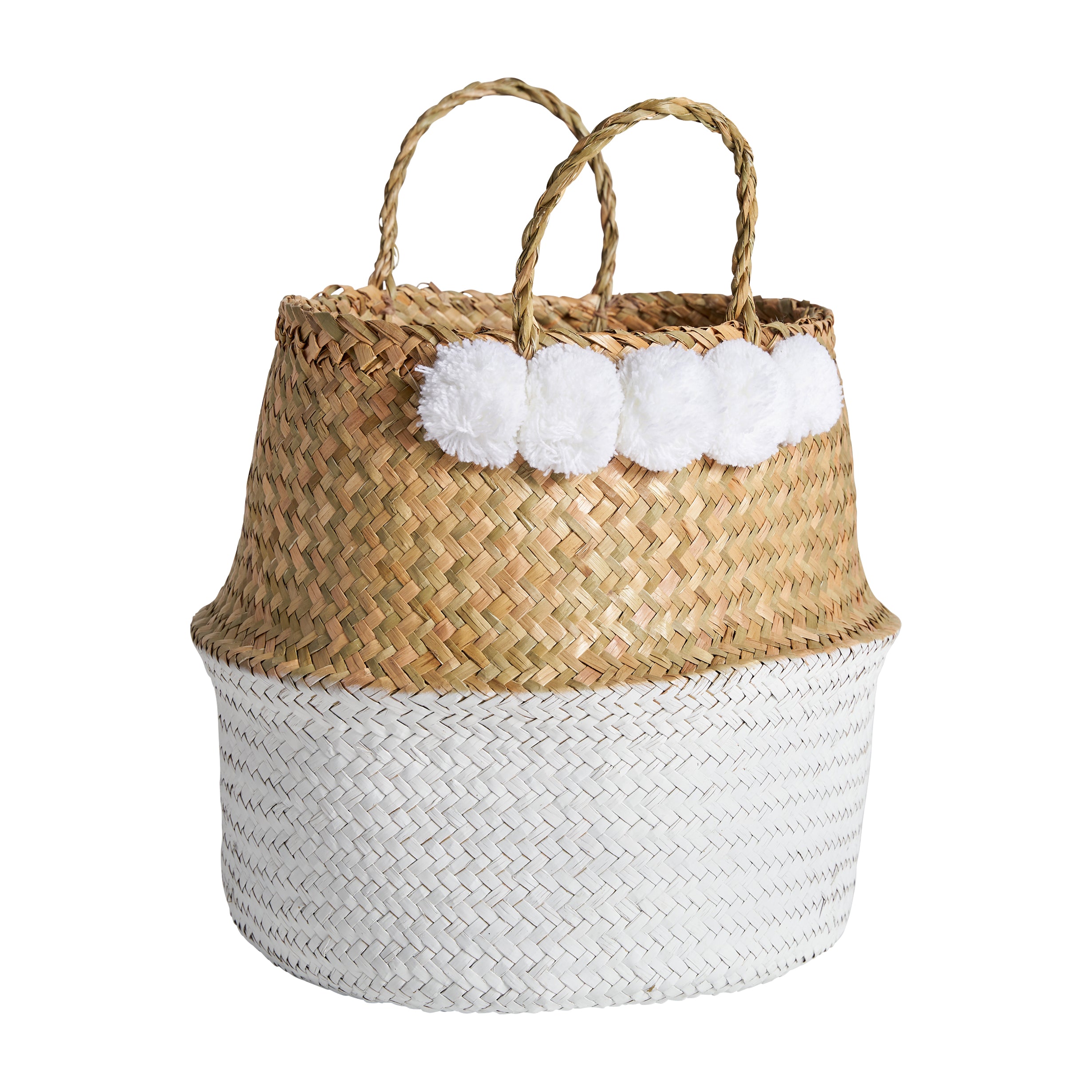 Vintage Rattan Clothes Basket AMALIA - Brown & White Cotton Storage