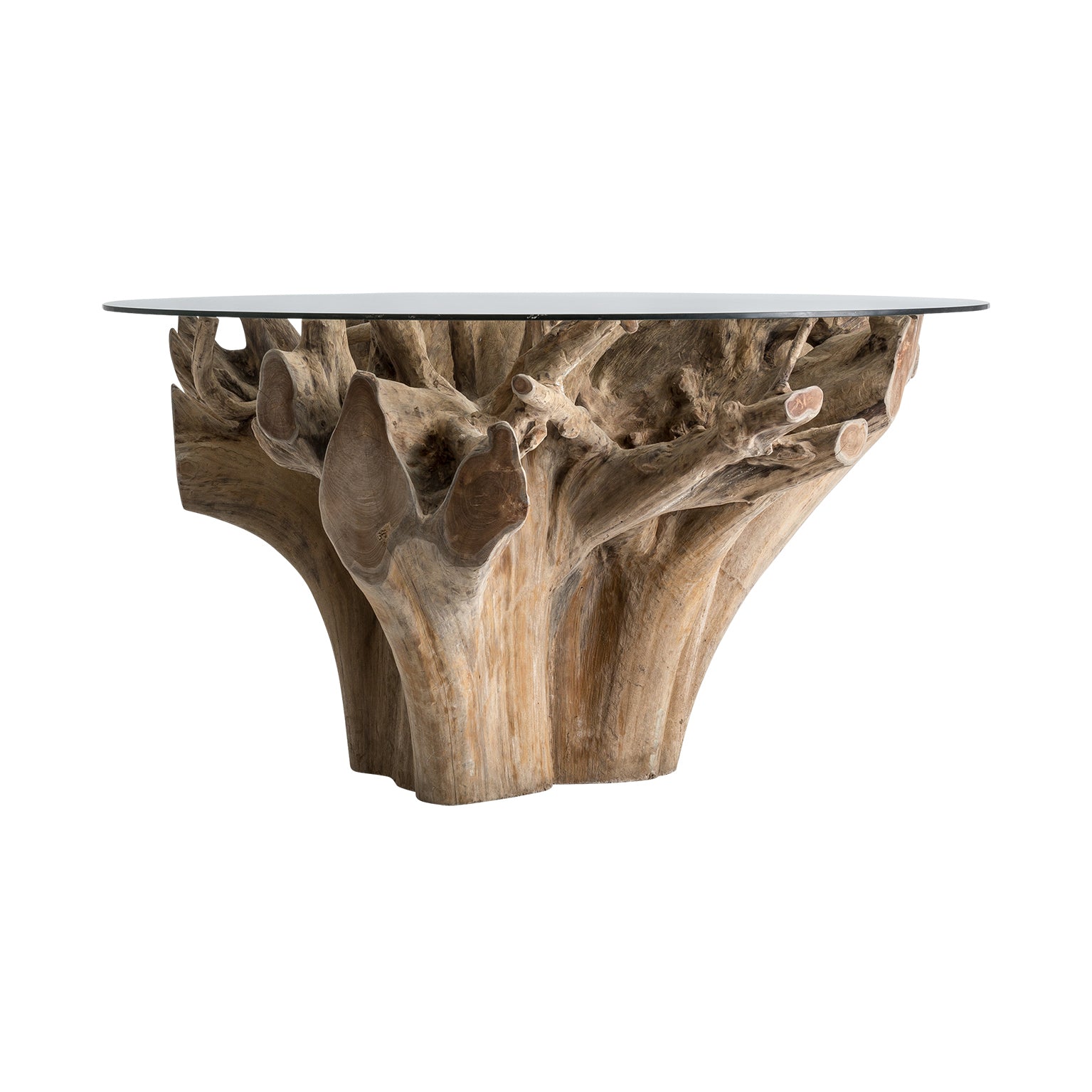 Warri Ethnic Dining Table - Teak Root & Glass Brown