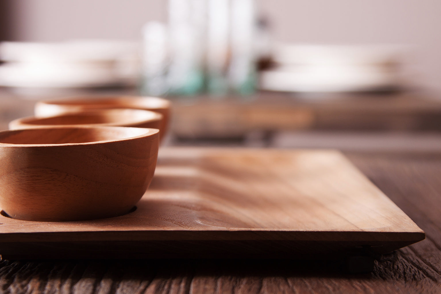 Teak Wood Serving Tray Set - 4 Piece Ethnic Style Collection