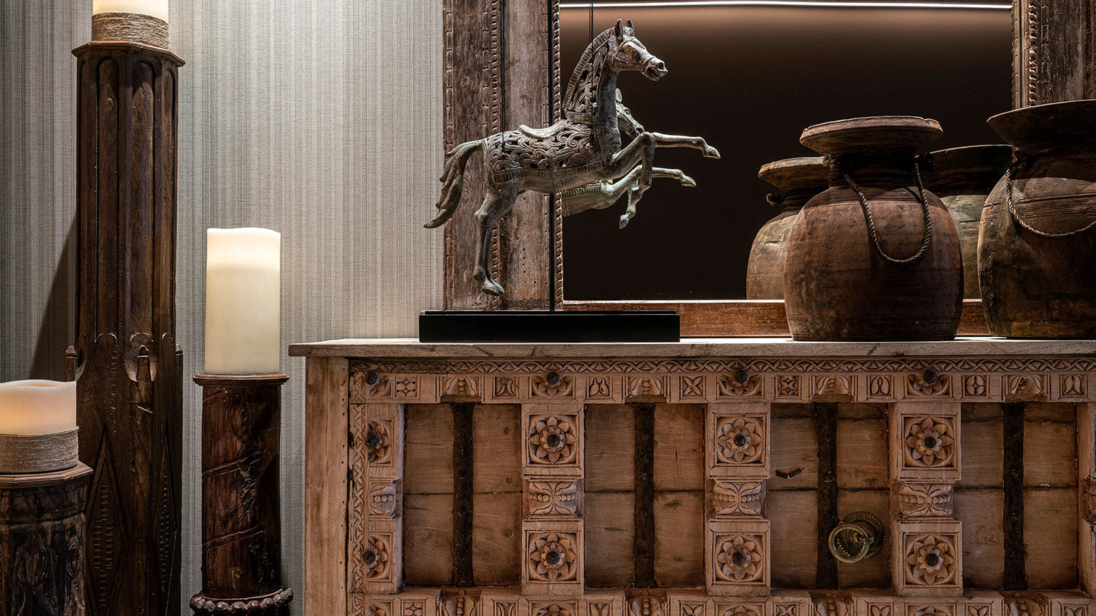 Decorative Horse Sculpture – Contemporary Grey Wood & Bronze Figure