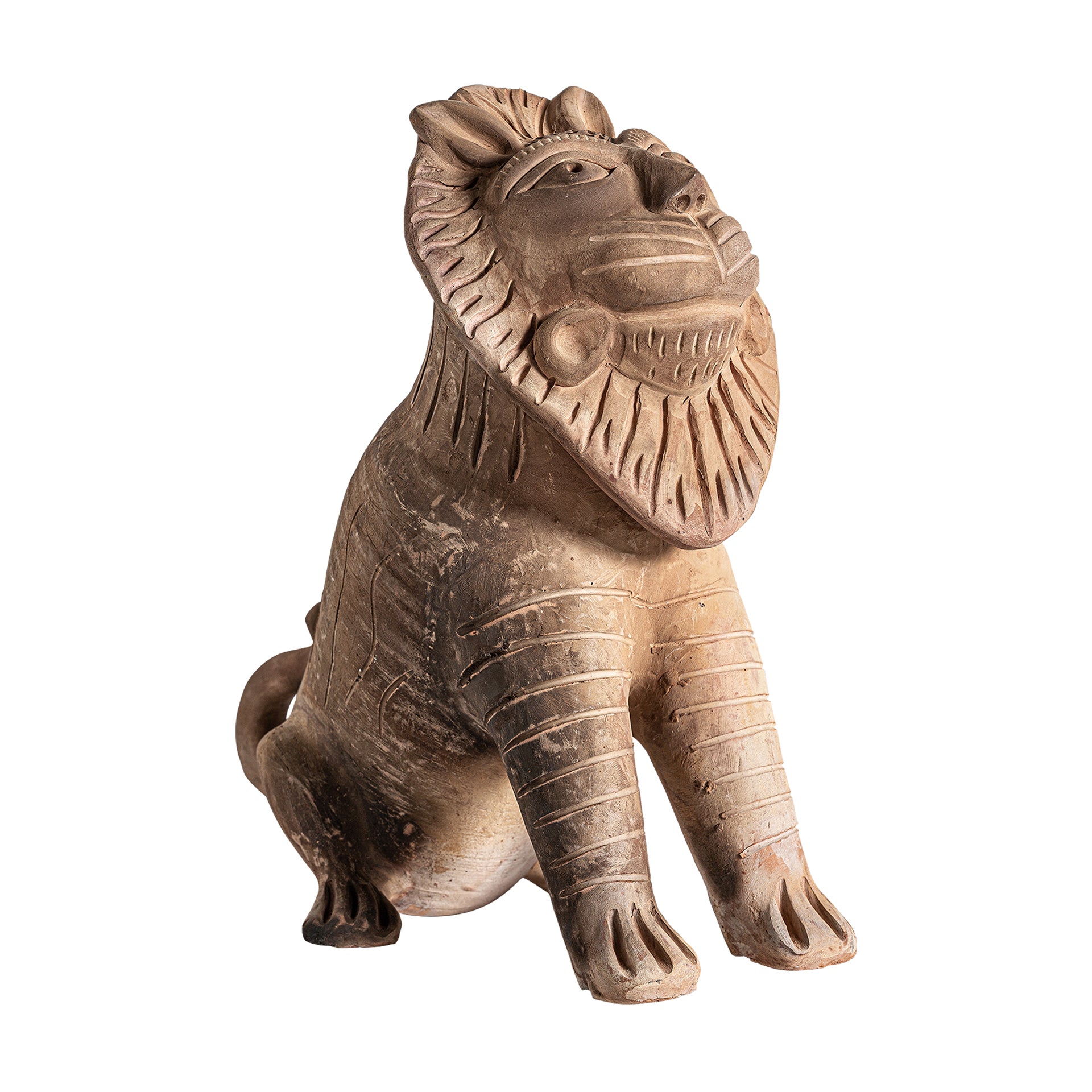 Terracotta Lion Decorative Figure - Oriental Style Brown Sculpture