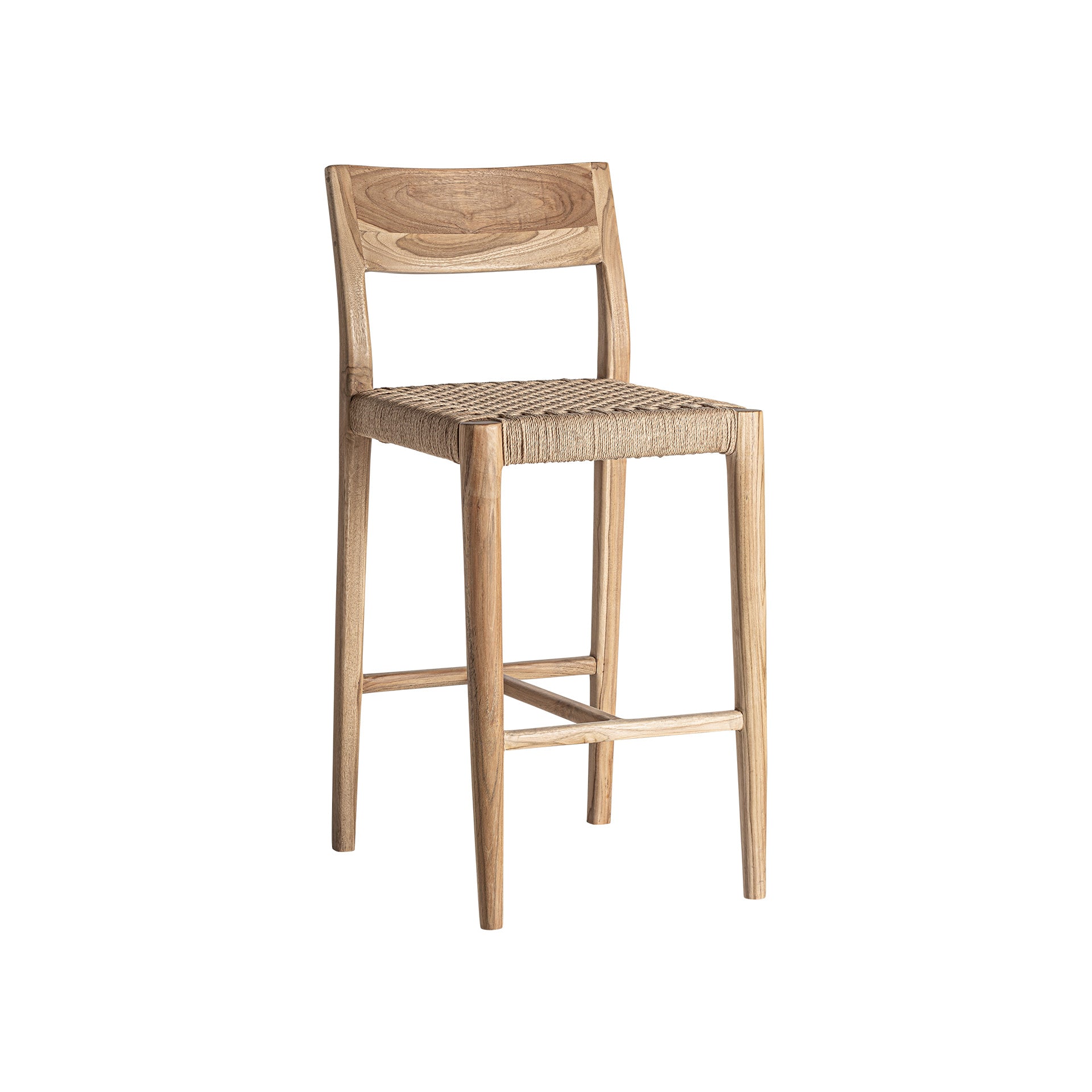 Vercelli Teak Wood Bar Stool with Natural Fiber Seat