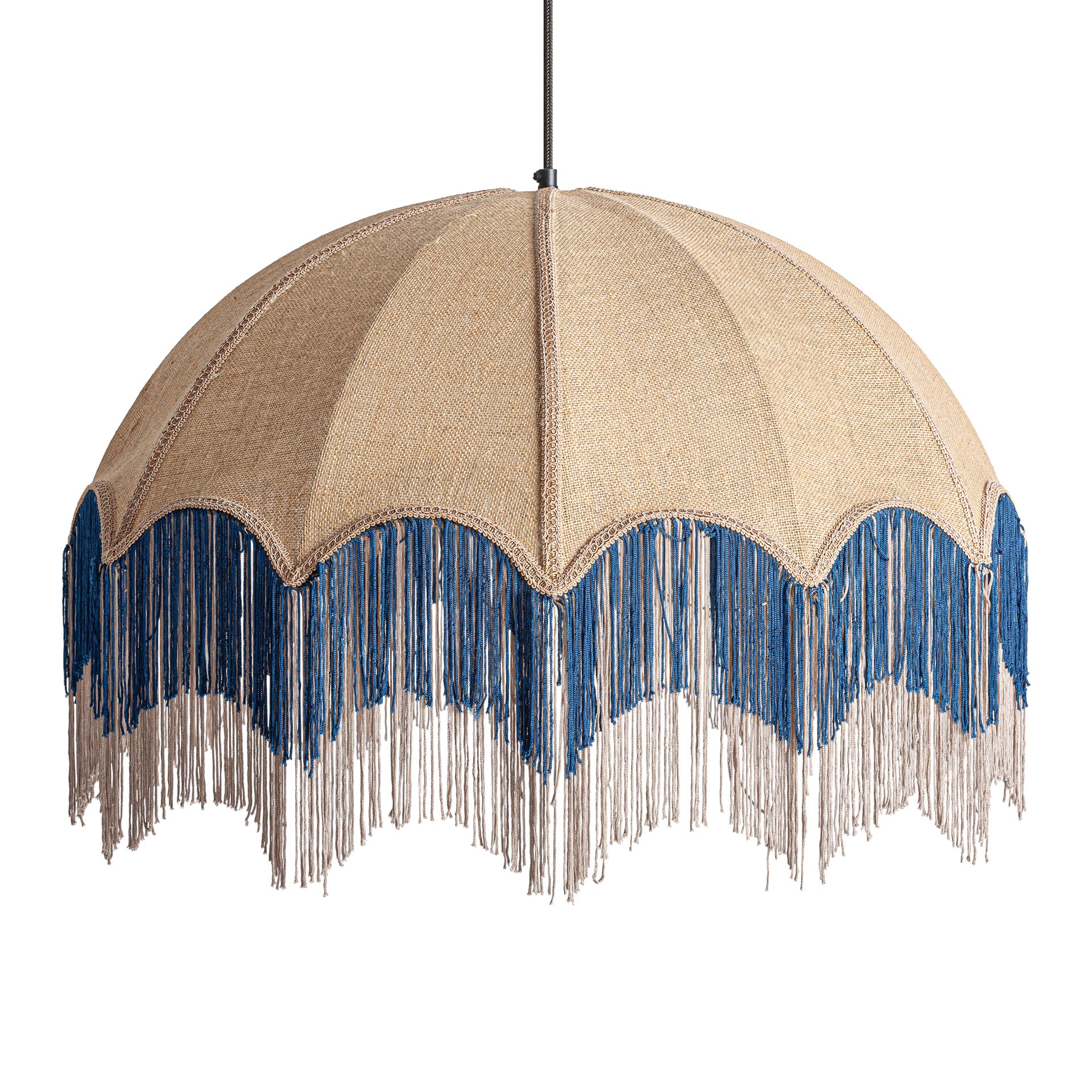 Jute-Deckenleuchte mit blauem Acrylschirm