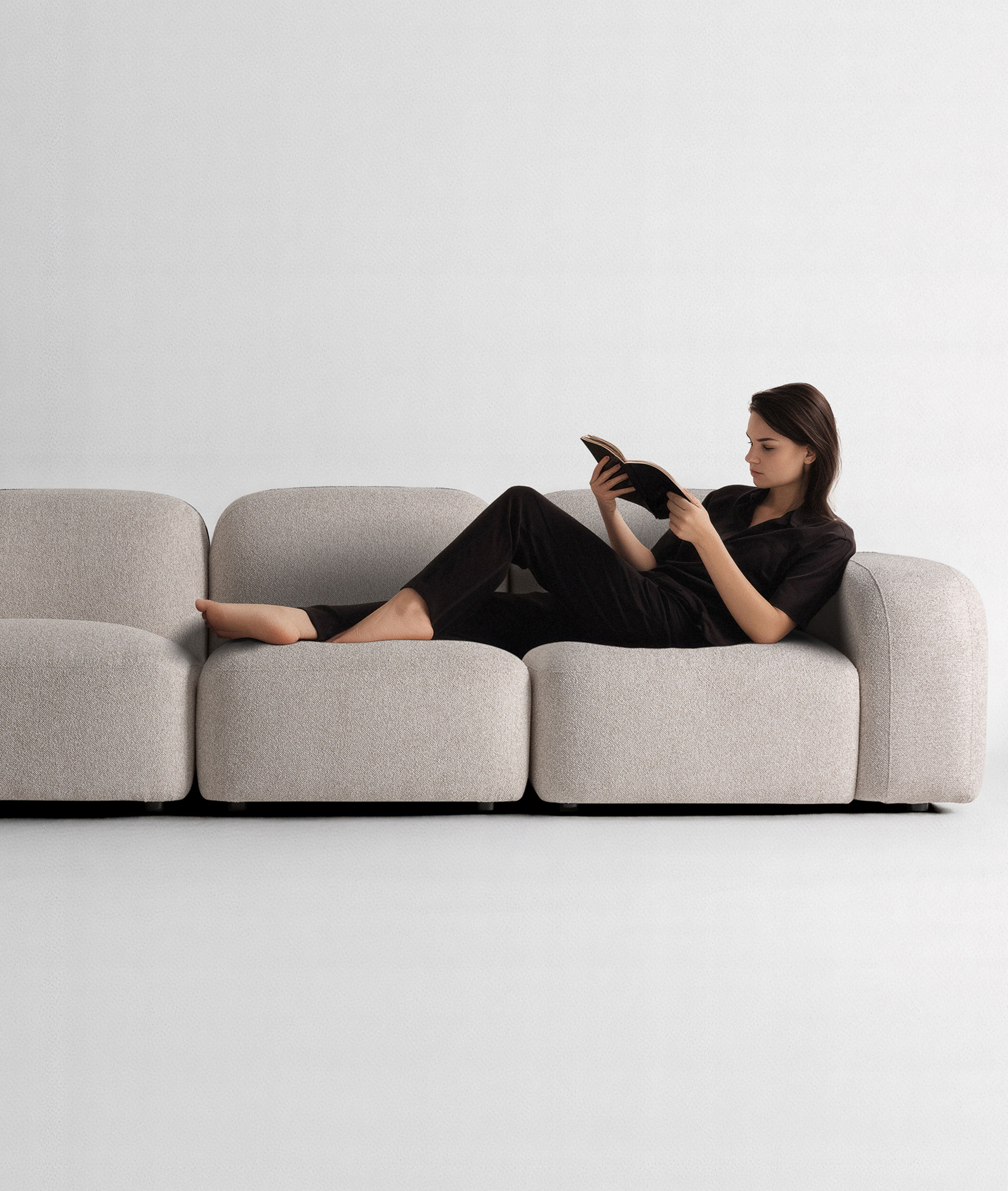 Ceyrat Corner Sofa Module – Speckled Cream Fabric & Natural Wood Base