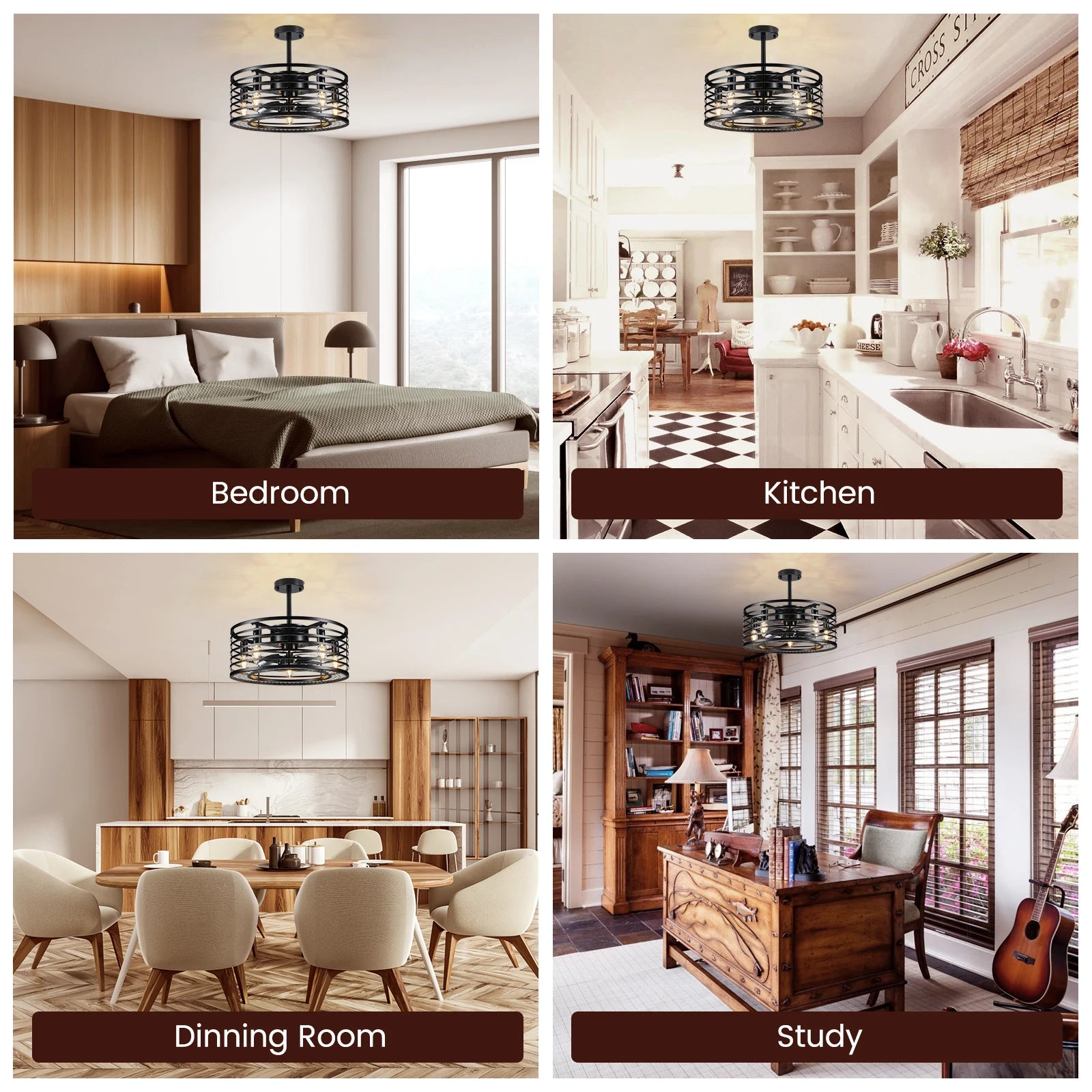 Nooknova Black 18 Inch Caged Ceiling Fan with Lights and Remote