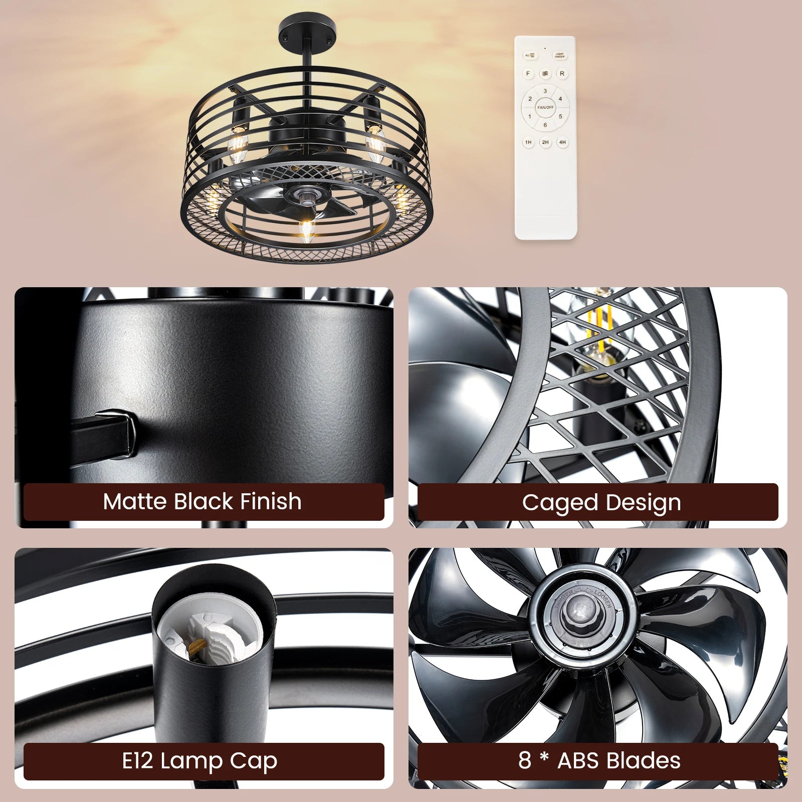 Nooknova Black 18 Inch Caged Ceiling Fan with Lights and Remote