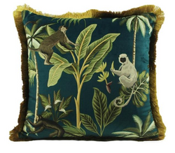 Tropical velvet cushion with monkeys.