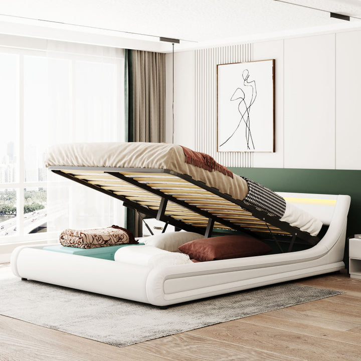 SkandiShop Queen Size PU Storage Bed Platform Bed with Hydraulic Storage System,with LED Lights and USB charger, White