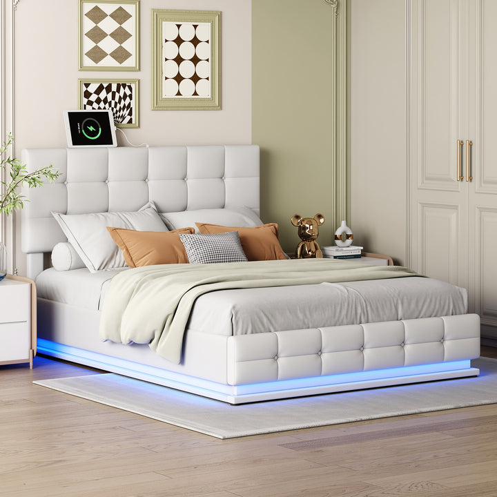 SkandiShop Queen Size PU Storage Bed Platform Bed with Hydraulic Storage System,with LED Lights and USB charger, White