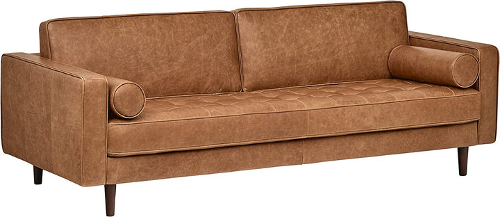SkandiShop Mid-Century Modern Leather Sofa Couch, 86.6