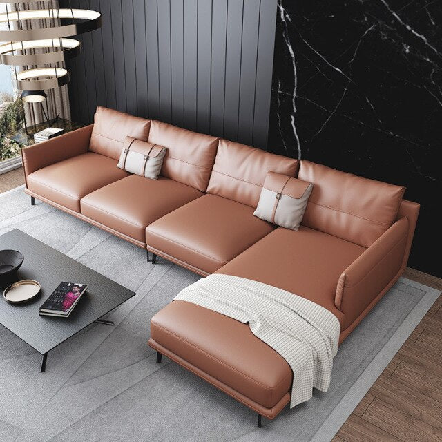 Brown leather sofa copper lshaped